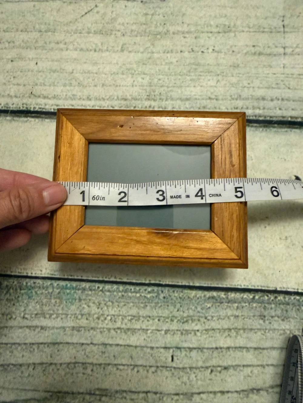 Vintage Small Wooden Jewelry Box with Photo Frame Lid and mirror inside.